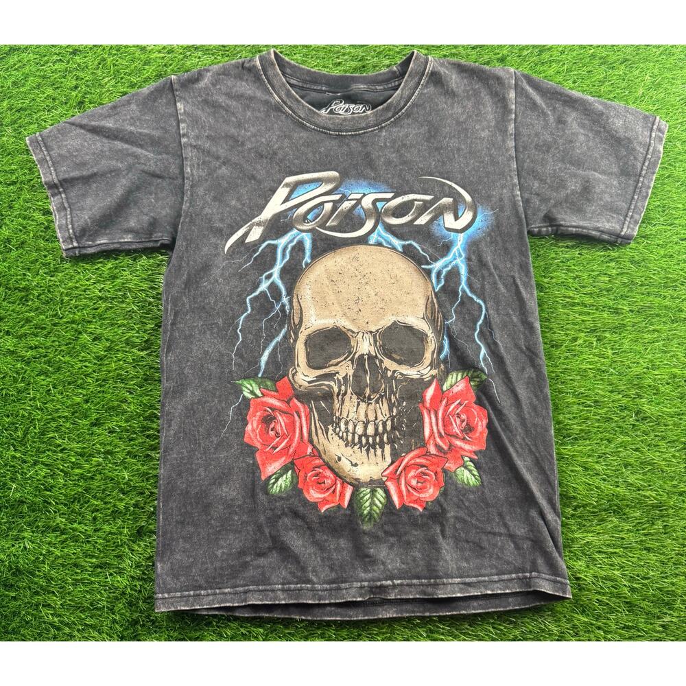 Poison Band T-Shirt Skull Roses Graphic Tee Black Vintage Rock Metal Tour XS